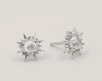 Small Sun Stud Earrings in Sterling Silver, Rose Gold, Gold, Dainty Sun Burst, Cubic Zirconia crystal CZ Sunburst Christmas Present Stocking