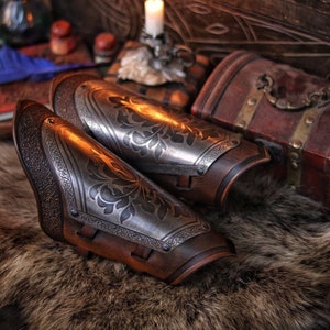 Leather bracers medieval knight costume larp armor noble cosplay accessory fantasy vambraces warrior gear engraved metal plate bracer