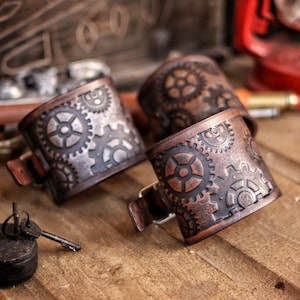 Steampunk Engine Gears Leather Bracelet, leather embossed wristband, stamped pattern for LARP, cosplay and Fantasy fairs