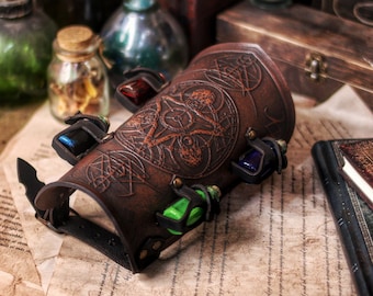 Alchemist bracer with Magic Trasnmutation Triangle Wizards sorcerers and masters of the occult and the arcane. Equipped with potion bottles.