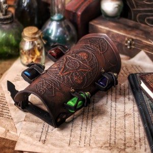 Alchemist bracer with Magic Trasnmutation Triangle Wizards sorcerers and masters of the occult and the arcane. Equipped with potion bottles.