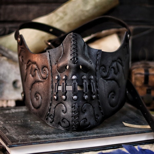Death Wizard Ledermaske M2 - Handgefertigte Maske für dunkle Magier, Hexen und mächtige Zauberer mit filigranen Details und Metallic-Finish