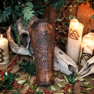 Yggdrasil Viking leather bracer world tree vambrace for larps cosplay yule high-quality full-grain vegetable tanned leather embossed armor