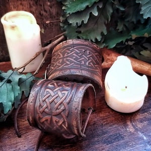 Celtic Knot Leather Cuff Bracelet, Viking Bracer, leather embossed wristband, stamped Celtic pattern for LARP, cosplay and Fantasy fairs