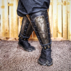 Samurai Iron greaves leather shin guards, larp or cosplay leather and metal for fantasy cosplay.