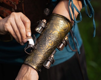 Alchemist bracer with Magic Transmutation Triangle Wizards sorcerers and masters of the occult and the arcane Equipped with potion bottles