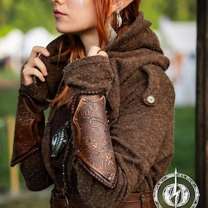 Viking Leather Bracers with Norse Knot Engraving for LARP Cosplay Medieval Fantasy Roleplay Handmade Armor Custom Gear for Men or Women