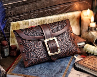 Arcane Hipbag Medieval Leather Hip Bag Embossed and weathered in a premium style for Fantasy ren fairs cosplay  larp fairies renaissance