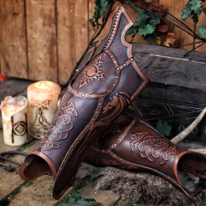 Celtic Leather Greaves, medieval armor for LARP or cosplay, with Viking, Celtic