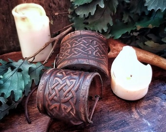 Celtic Knot Leather Cuff Bracelet, Viking Bracer, leather embossed wristband, stamped Celtic pattern for LARP, cosplay and Fantasy fairs