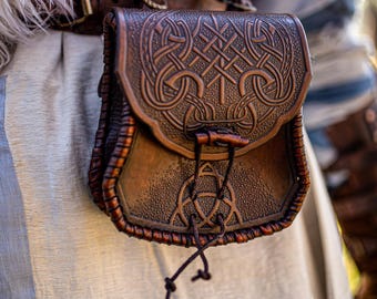 Embossed Dragon Knot Viking Leather Belt Pouch  Medieval Bag for LARP  Cosplay  Costume and Renaissance Faire