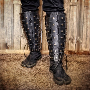 Samurai Leather Greaves for LARP Cosplay or Renaissance Fair Studded Shin Armor Fantasy Warrior Leg Guards Handmade Medieval Costume Piece