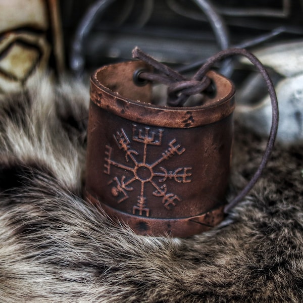 Vegvisir Leather Wristband, Galdrastafir Viking Bracelet,  Icelandic way finder rune leather embossed cuff, LARP, cosplay