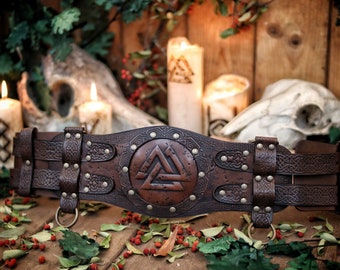 Viking Valknut Broadbelt - cinturón celta de cuero ancho grabado - calidad premium para LARP o Cosplay