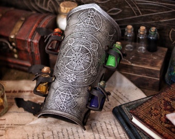 Alchemist leather bracer with transmutation circle larp armor Wizards sorcerers and masters of the occult and the arcane