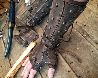 Apocalyptic Samurai Leather bracers, Burning Man, larp or cosplay pair of bracers for fantasy cosplay