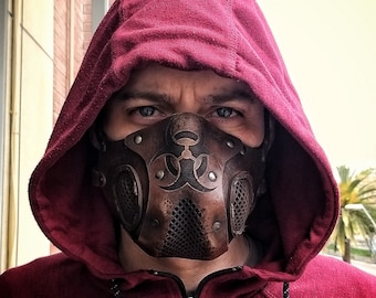 Leather Face Mask with filter pocket Biohazard sign Post Apocalyptic mask for use with disposable face masks Paper towel or filter