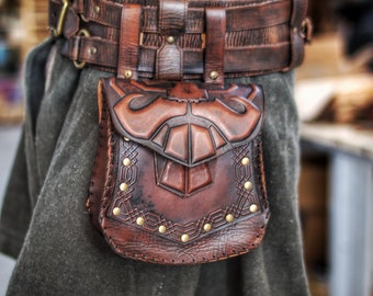 Leather Dwarf Pouch Embossed Duavern Belt Bag for Larp Steampunk