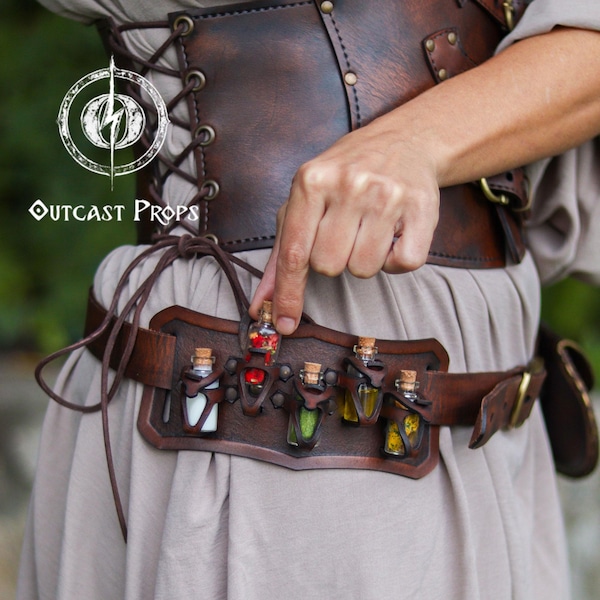 Belt Potion holder for 5 small glass bottles Made of leather for adventurers steampunk  alchemist  healers cosplay or just to keep spices