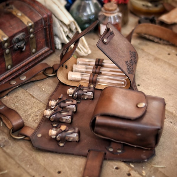 Leder Bein Harness Gürtel Bein Trank Holster Alchemist Larp Steampunk Kostüm Set Hexe Kräuterkundler