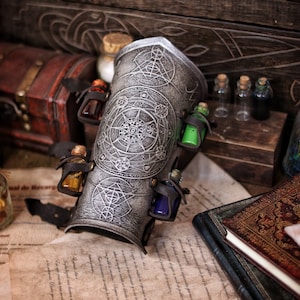 Alchemist leather bracer with transmutation circle larp armor Wizards sorcerers and masters of the occult and the arcane