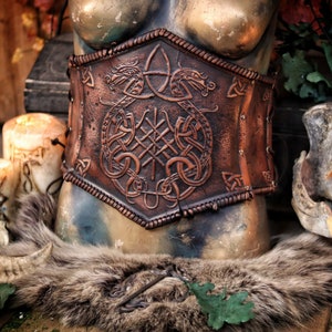 Viking woman armour leather underbust belt dragon knot female armor for larp or costume celtic dragons