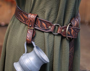 Leather Tankard Strap Mug Holder Renaissance Faire Belt Accessory Floral Elven Larp Gear Cottagecore Key Loop Medieval Tavern Cup Hanger