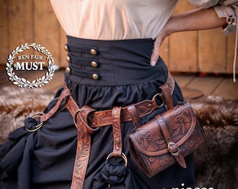 Renaissance Fair Set Gift Belt Hip Bag and Skirt Hikes Ren Faire Medieval Set Fantasy Gift Belt Accessories for LARP Cosplay Outfit Floral
