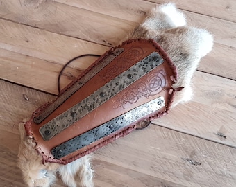 Viking Huscarl Bracer for larp in leather, metal and fake hair to create medieval cosplay or fantasy. Shieldmaiden and Viking warrior.