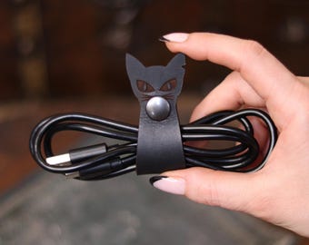 Cat Cord Organizer Cute Leather Cable Holder Earphone Wrap Cat Lover Gift Stocking Stuffer Witch Desk Accessory Tech Accessories Cord Keeper