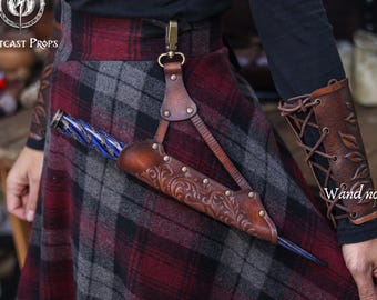 Leather Wand Holster Gift for Witch Wizard Mage Fantasy LARP Cosplay Ornate Clip On Magic Accessory