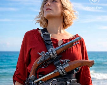 Leather Pirate Baldric Double Flintlock Pistol Holster Edward Cosplay Costume Assassins Pirate LARP Renaissance Faire Accessory Belt