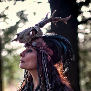 Beltane Headpiece tribal deer horns skull and feathers tiara leather and resin