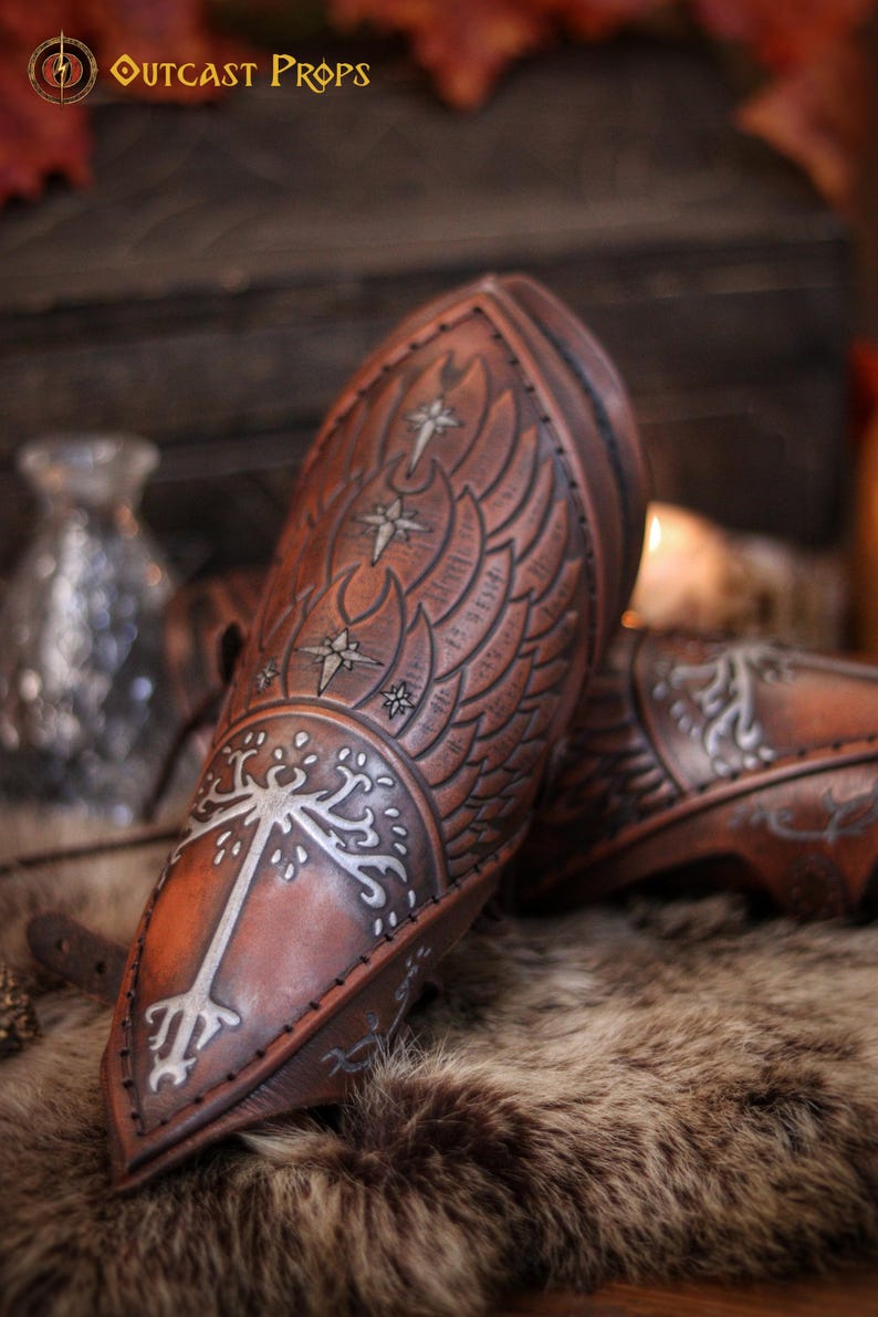 Gondor inspired bracers | Fantasy LARP, cosplay, medieval armor, ranger accessory - handmade of High quality Leather and beautifully aged. Aragorn, Boromir, Faramir. LOTR leather bracers. White tree leather bracers fantasy ranger armor LARP bracers medieval cosplay accessory elven warrior costume gear embossed vambraces