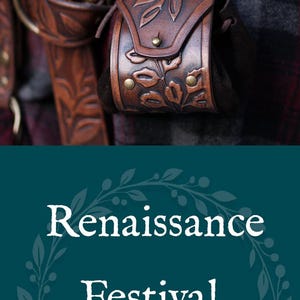 Puede incluir: Bolsos y cinturones de cuero, perfectos para festivales renacentistas. La imagen muestra varios bolsos de cuero marr&oacute;n y verde con dise&ntilde;os florales y tachuelas met&aacute;licas. Tambi&eacute;n se ve el texto "Renaissance Festival Must-Haves".