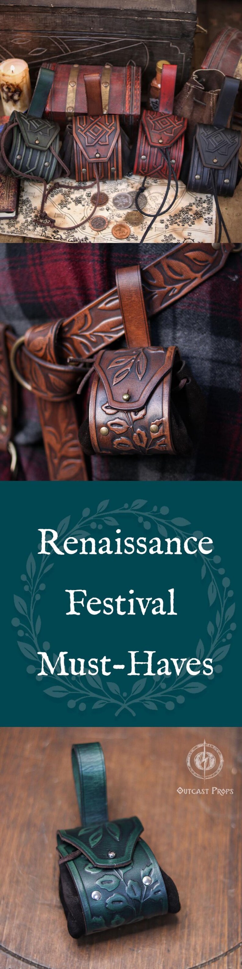 Puede incluir: Bolsos y cinturones de cuero, perfectos para festivales renacentistas. La imagen muestra varios bolsos de cuero marr&oacute;n y verde con dise&ntilde;os florales y tachuelas met&aacute;licas. Tambi&eacute;n se ve el texto "Renaissance Festival Must-Haves".