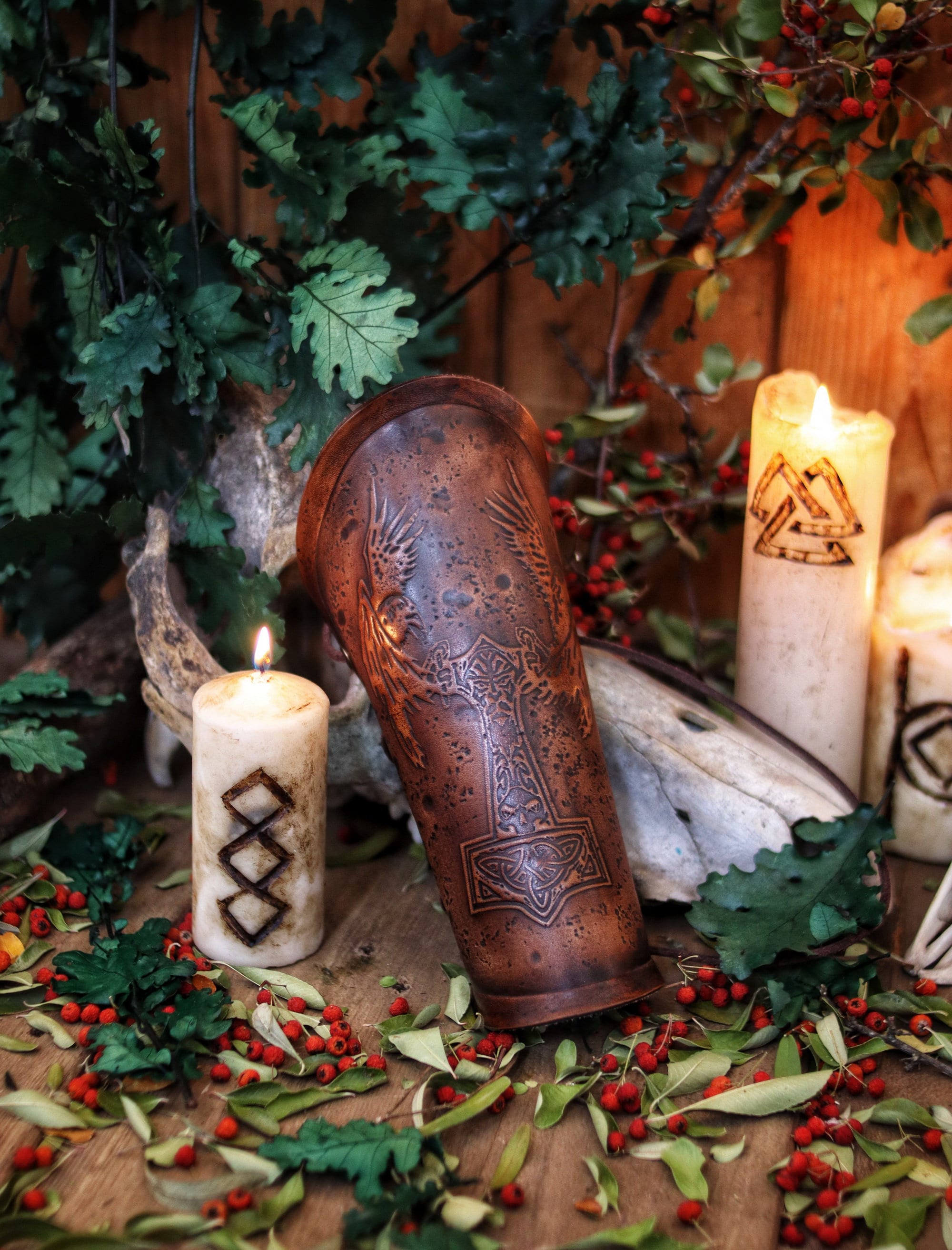 Viking bracer Thor's hammer Mjolnir and Odin's crows Hugin & Munin Viking leather bracer for larps or cosplay leather armor