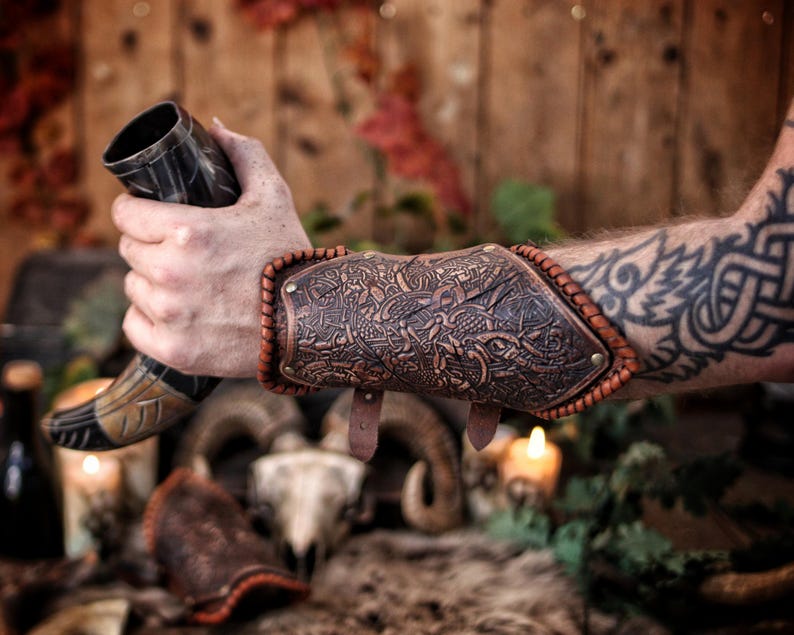 Viking Leather Bracer for LARP Armour Cosplay Renaissance Fair Gift Tooled Norse Armor Celtic Knot Vambrace for Men or Women Costume Armor