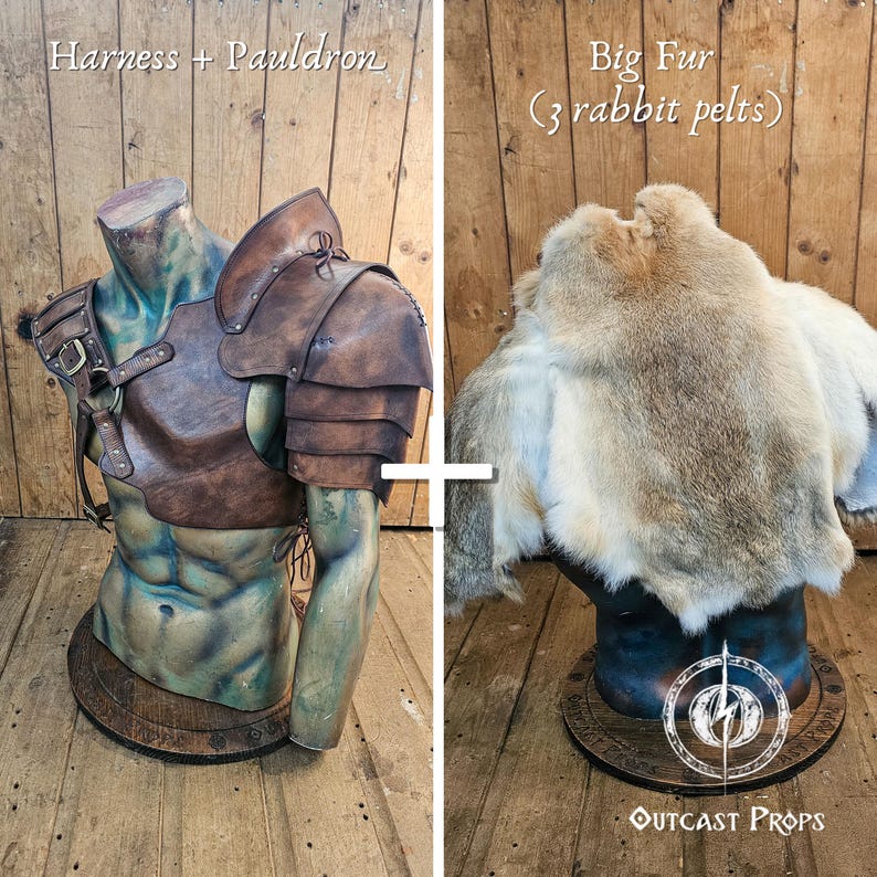 Pu&ograve; includere: Un'immagine divisa mostra un'imbracatura e uno spallaccio in pelle marrone su un manichino e un grande pezzo di pelliccia fatto con tre pelli di coniglio. L'imbracatura ha cinghie e fibbie. La pelliccia &egrave; marrone chiaro e bianca.