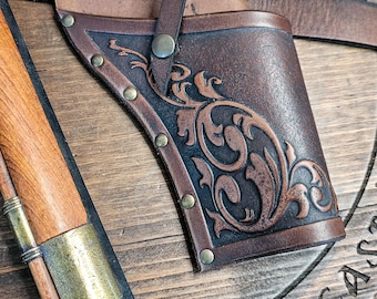 Large Ornate Flintlock Holster, Leather Pirate Pistol Holder