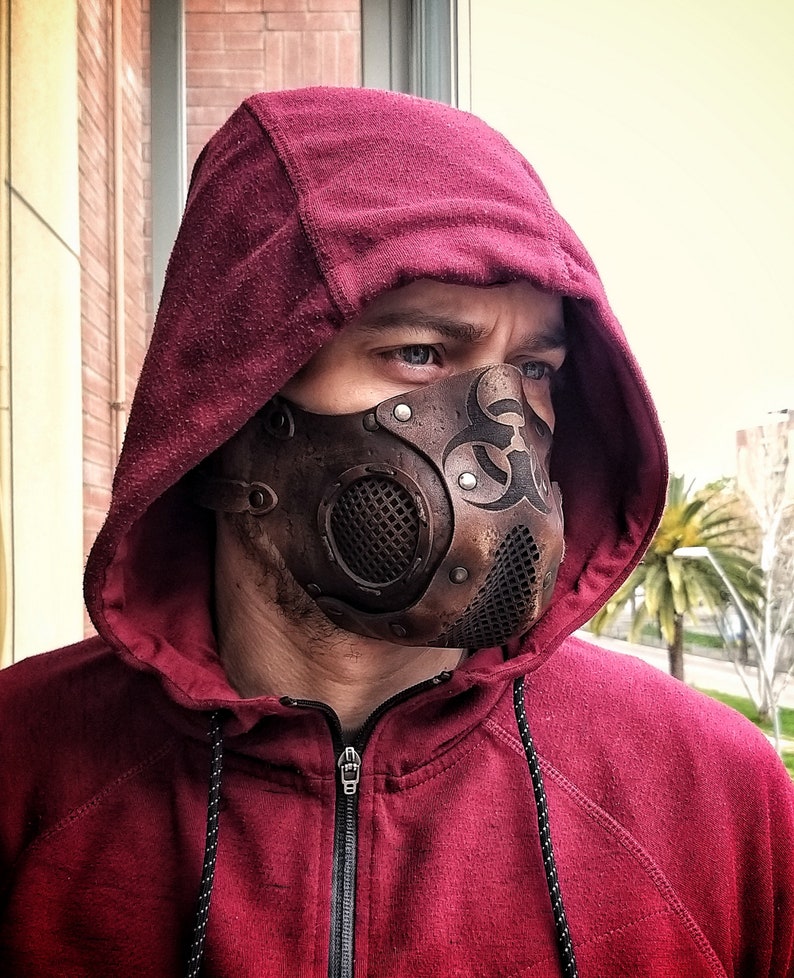 Leather Face Mask with filter pocket Biohazard sign Post Apocalyptic mask for use with disposable face masks Paper towel or filter