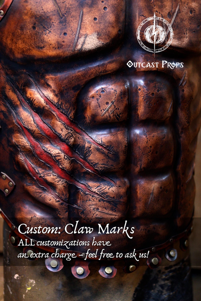 Front view of a Roman leather musculata cuirass, handcrafted with brown aged leather and metallic rivets.  Custom claw marks. The armor features sculpted abdominal muscles and distressed textures for a realistic battle-worn look. Ideal for Roman gladiator cosplay, LARP armor, or historical reenactment costume. Made from eco-tanned full-grain leather with epic weathering techniques.