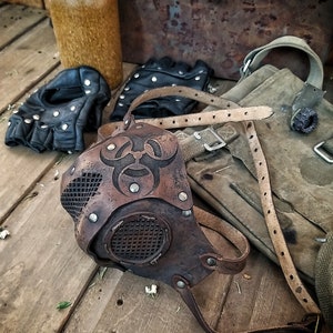Leather Face Mask with filter pocket Biohazard sign Post Apocalyptic mask for use with disposable face masks Paper towel or filter