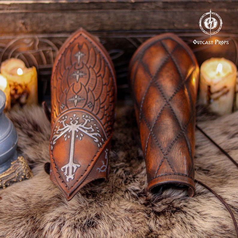 White Tree Leather Bracers Medieval Armor Ranger Cosplay Costume Warrior Vambrace Larp Gear Viking Leather Armor Guard Forest Ranger