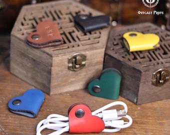 Personalized Leather Heart Cord Organizer Cute Cable Keeper 3rd Anniversary Gift For Her Rustic Tech Accessory Wire Wrap Earphone Holder