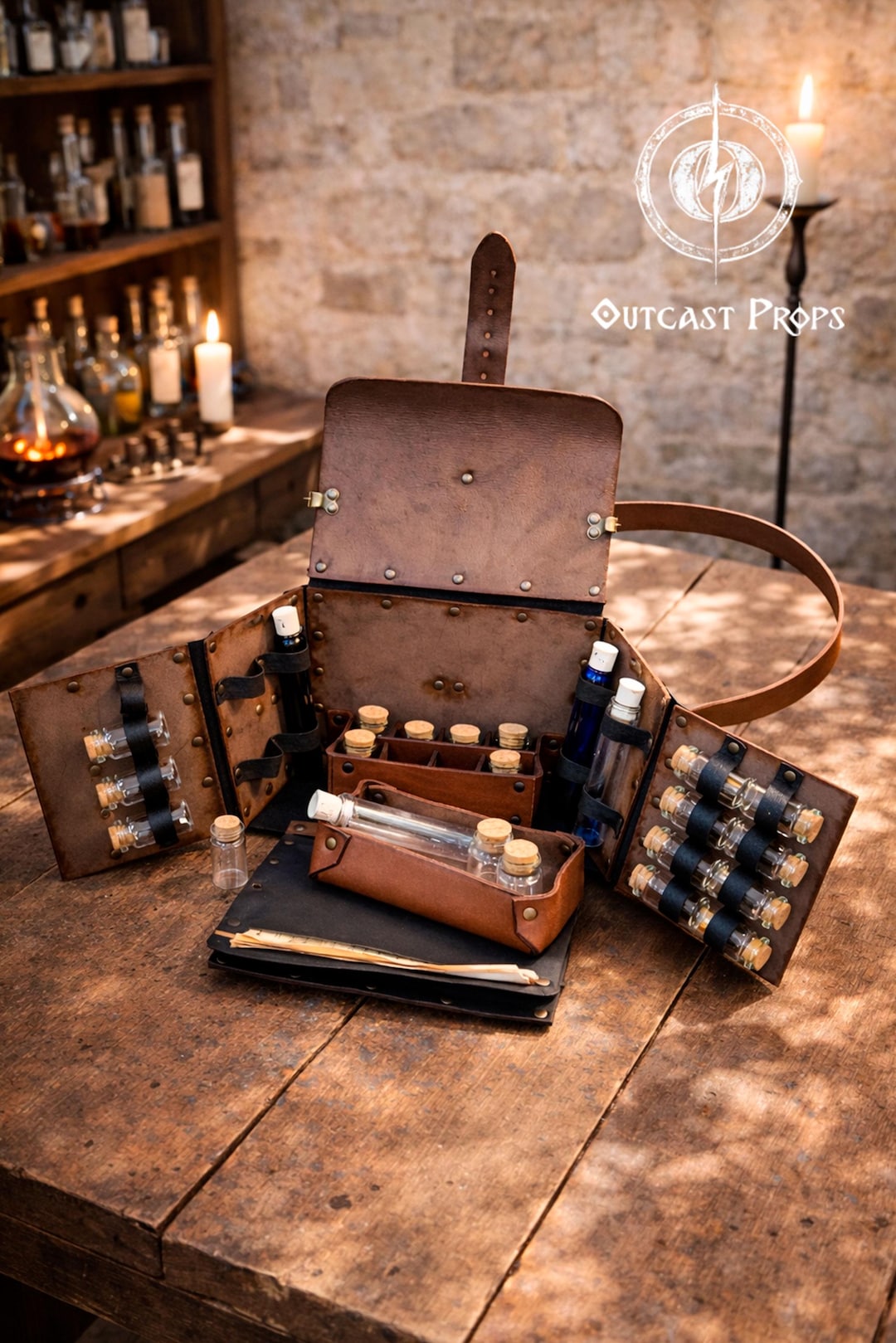 Alchemist Leather Larp Bag Potion Set for Steampunk Alchemist