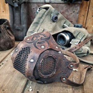 Leather Face Mask with filter pocket Biohazard sign Post Apocalyptic mask for use with disposable face masks Paper towel or filter