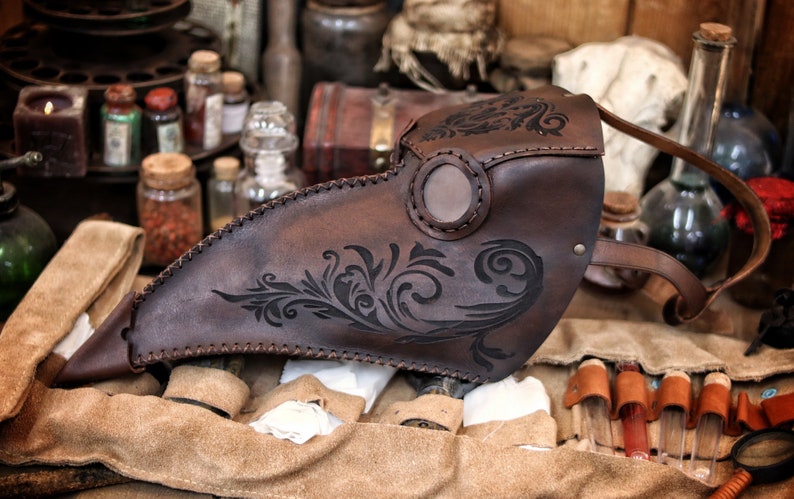 Plague Doctor Mask Long Nose Bird Mask with Floral engravings Steampunk costume full-grain leather LARP medieval assassin alchemist cosplay image 7