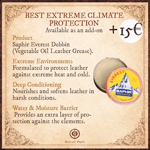 Infographic showing the optional Saphir Everest Dubbin extreme climate protection add-on for the bushcraft leather belt. This vegetable oil leather grease nourishes and softens leather while adding a water and moisture barrier for rain, snow, heat, cold and harsh outdoor conditions. Recommended for bushcraft belts, hiking gear, camping gear, tactical belts, military inspired costumes, steampunk outfits, LARP gear, medieval belts and demanding outdoor use.