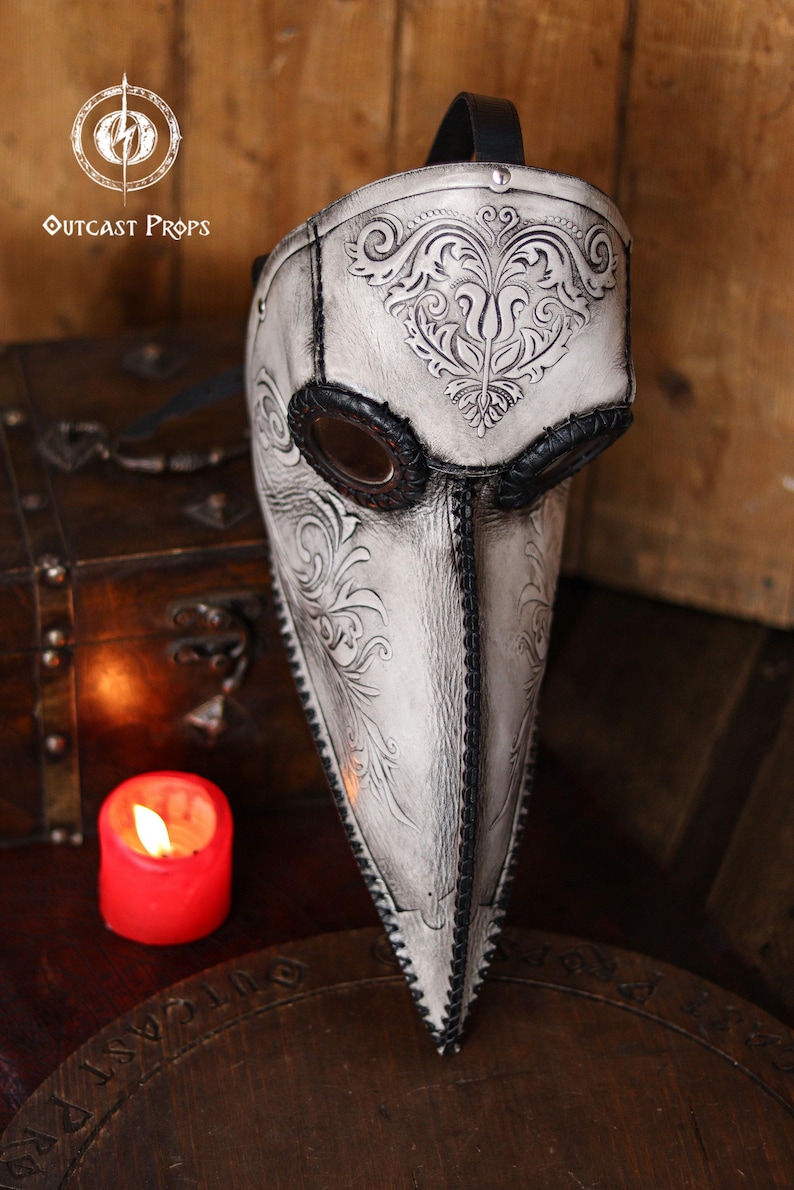 Leder Pestdoktor Maske gravierte Ledermaske Pestmaske Gothic Steampunk Kostüm Larp dunkle Linse Maske Dekor Renaissance Messe Maske White